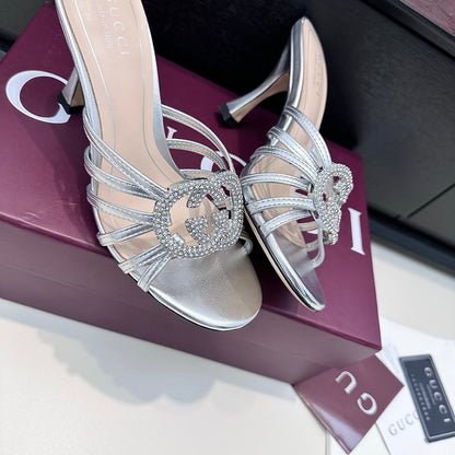 GUCCI 26S HEELED SANDALS 85 MM IN SILVER CALFSKIN WITH CRYSTAL