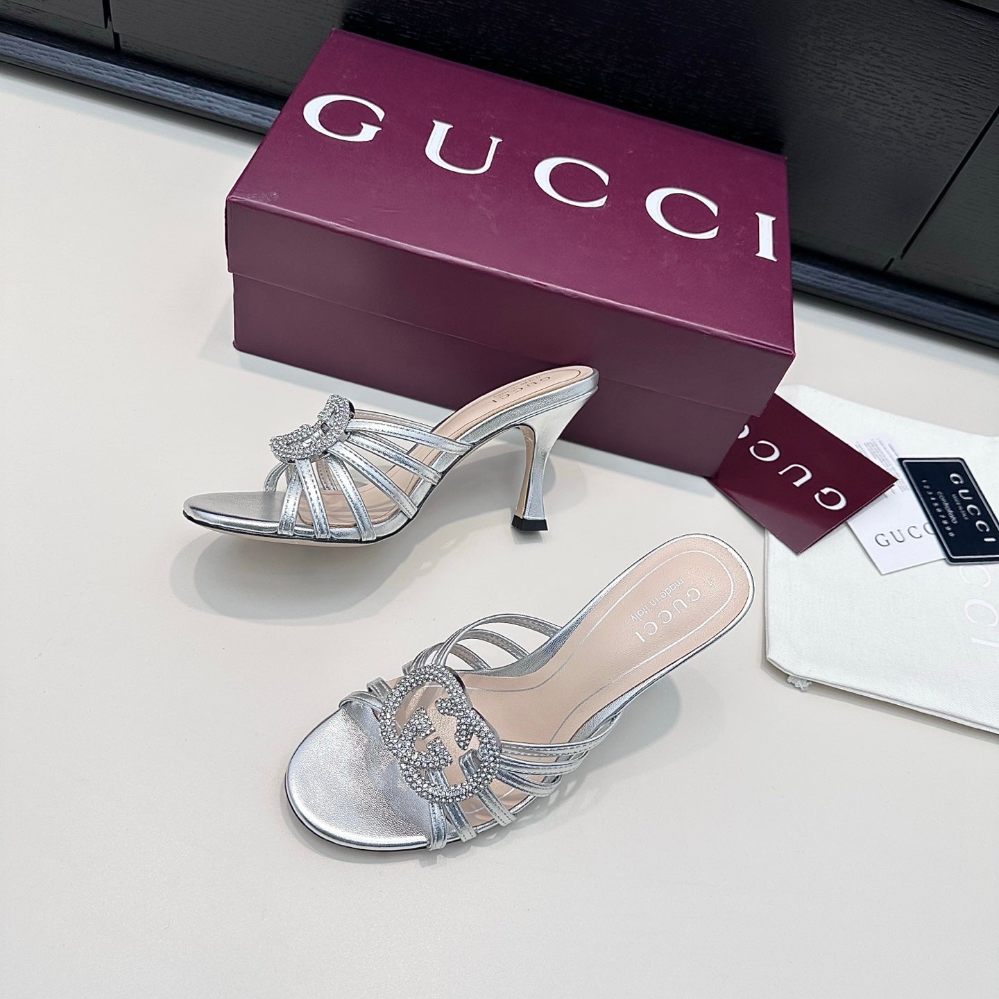 GUCCI 26S HEELED SANDALS 85 MM IN SILVER CALFSKIN WITH CRYSTAL
