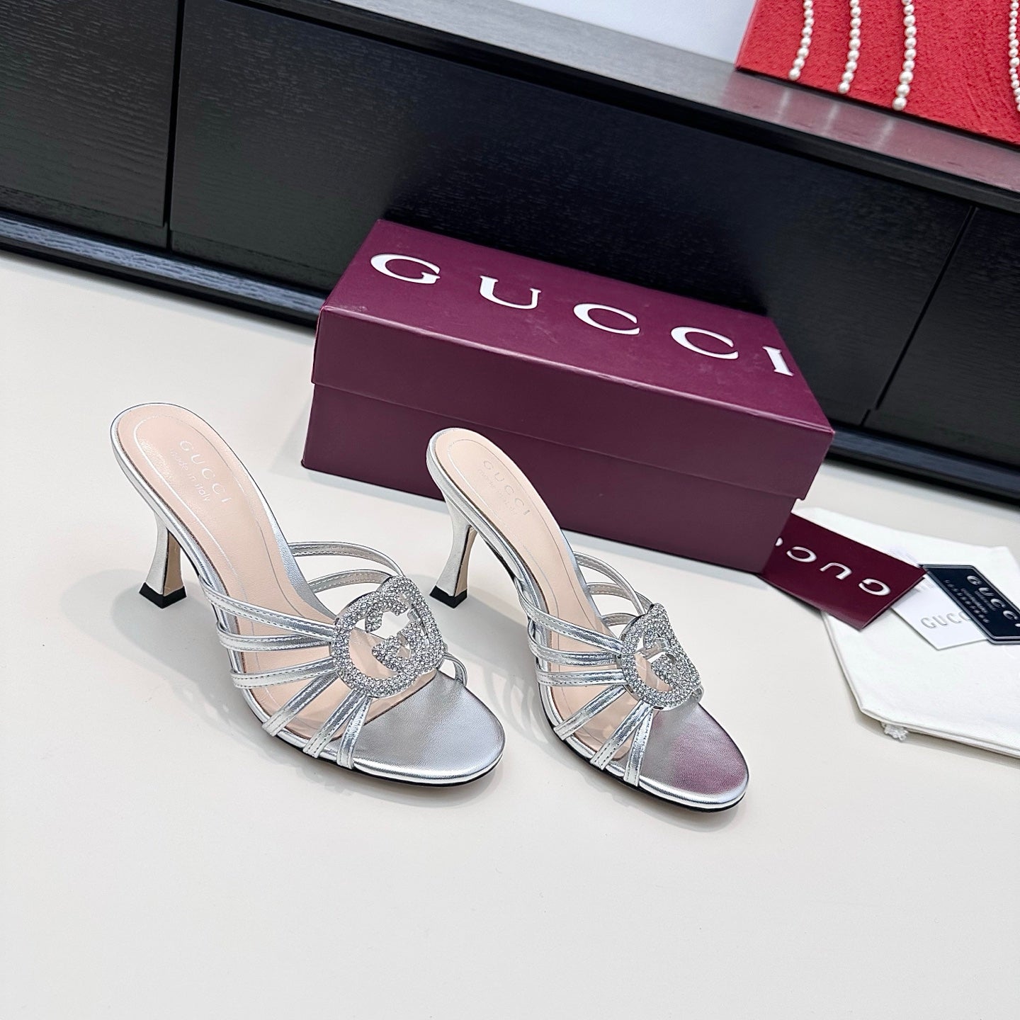 GUCCI 26S HEELED SANDALS 85 MM IN SILVER CALFSKIN WITH CRYSTAL