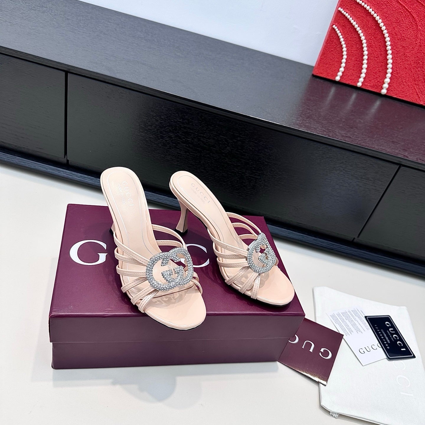 GUCCI 26S HEELED SANDALS 85 MM IN NUDE PINK CALFSKIN WITH CRYSTAL