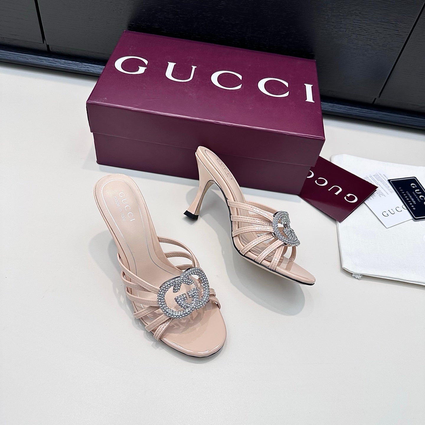 GUCCI 26S HEELED SANDALS 85 MM IN NUDE PINK CALFSKIN WITH CRYSTAL