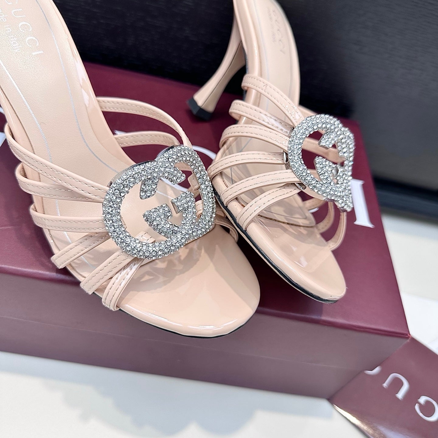 GUCCI 26S HEELED SANDALS 85 MM IN NUDE PINK CALFSKIN WITH CRYSTAL