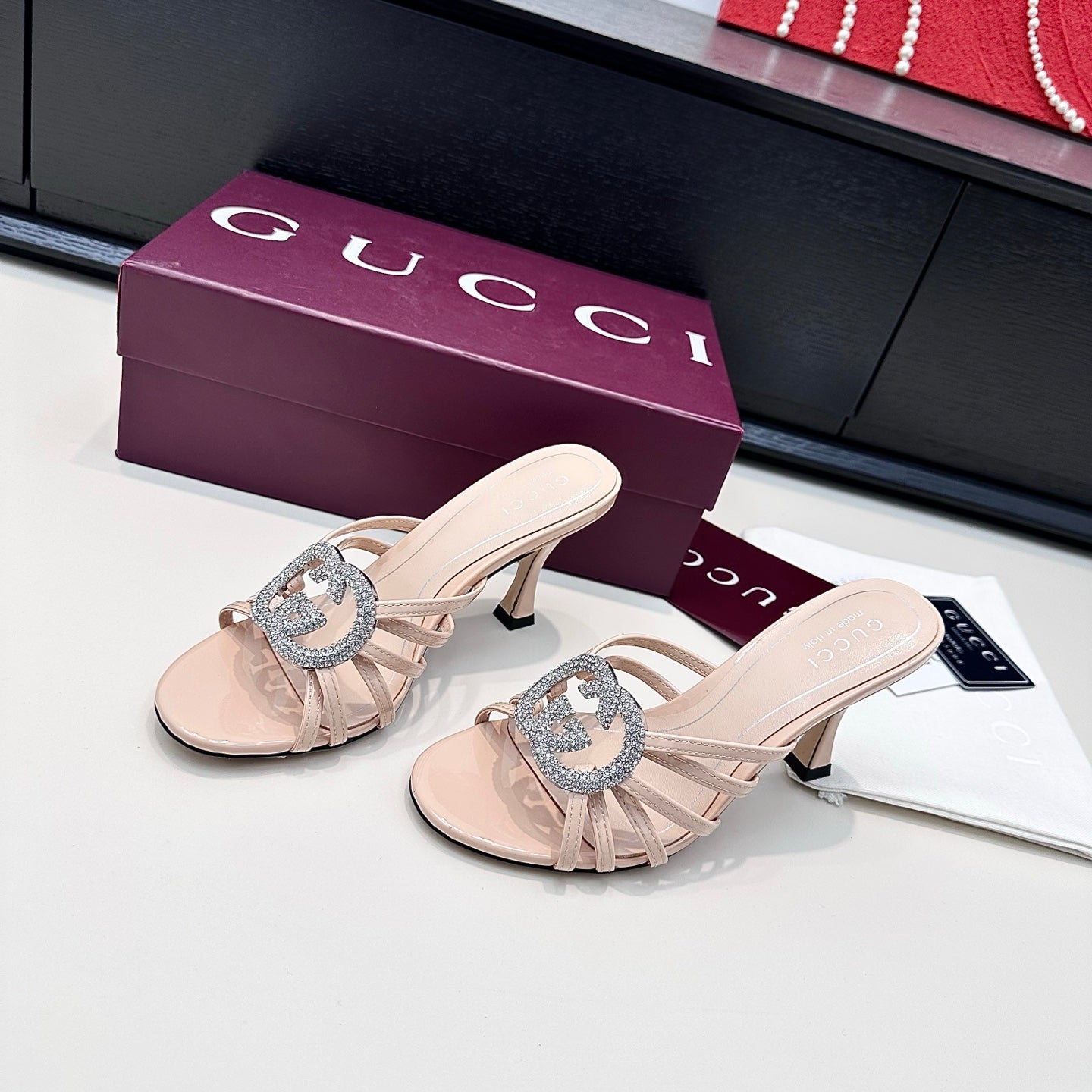 GUCCI 26S HEELED SANDALS 85 MM IN NUDE PINK CALFSKIN WITH CRYSTAL
