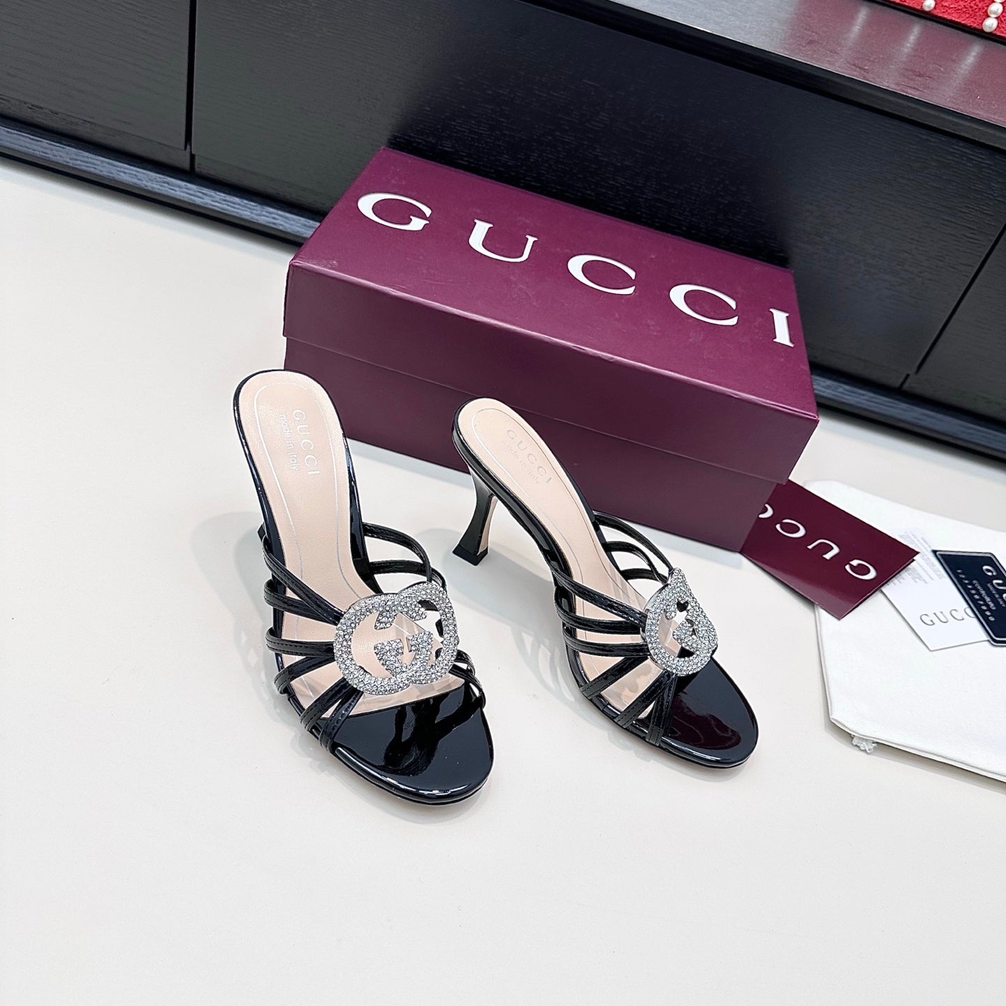 GUCCI 26S HEELED SANDALS 85 MM IN BLACK CALFSKIN WITH CRYSTAL