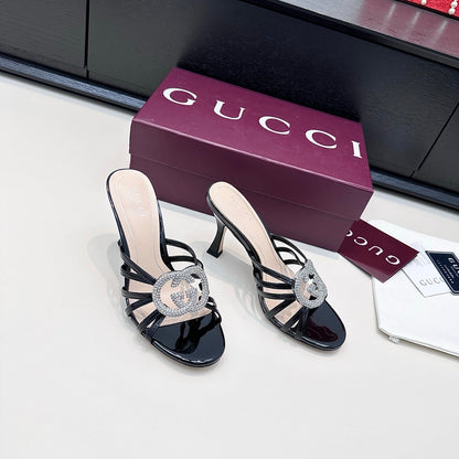 GUCCI 26S HEELED SANDALS 85 MM IN BLACK CALFSKIN WITH CRYSTAL