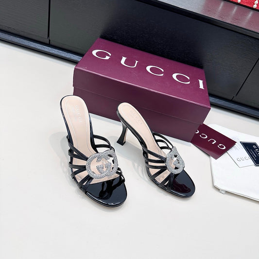 GUCCI 26S HEELED SANDALS 85 MM IN BLACK CALFSKIN WITH CRYSTAL