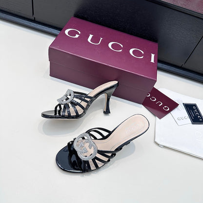 GUCCI 26S HEELED SANDALS 85 MM IN BLACK CALFSKIN WITH CRYSTAL