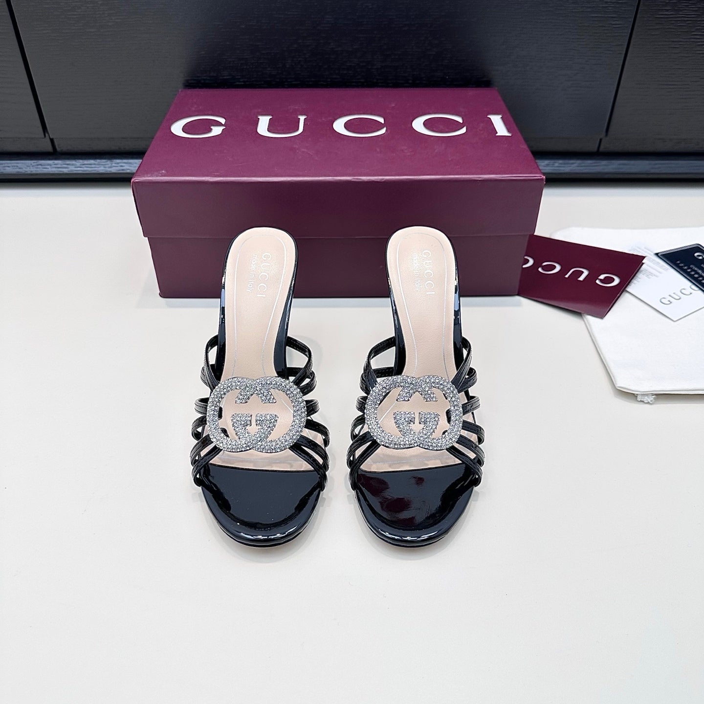 GUCCI 26S HEELED SANDALS 85 MM IN BLACK CALFSKIN WITH CRYSTAL
