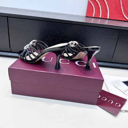 GUCCI 26S HEELED SANDALS 85 MM IN BLACK CALFSKIN WITH CRYSTAL