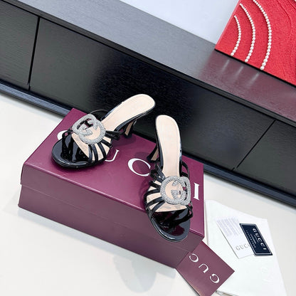 GUCCI 26S HEELED SANDALS 85 MM IN BLACK CALFSKIN WITH CRYSTAL