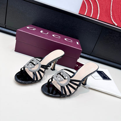 GUCCI 26S HEELED SANDALS 85 MM IN BLACK CALFSKIN WITH CRYSTAL