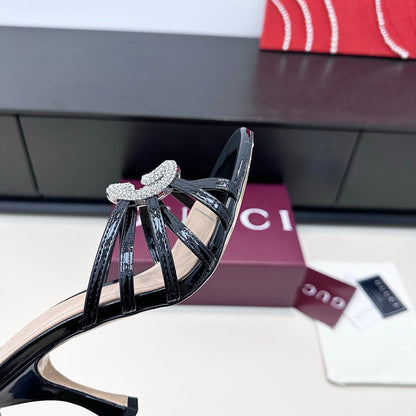 GUCCI 26S HEELED SANDALS 85 MM IN BLACK CALFSKIN WITH CRYSTAL