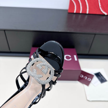 GUCCI 26S HEELED SANDALS 85 MM IN BLACK CALFSKIN WITH CRYSTAL