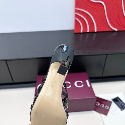 GUCCI 26S HEELED SANDALS 85 MM IN BLACK CALFSKIN WITH CRYSTAL