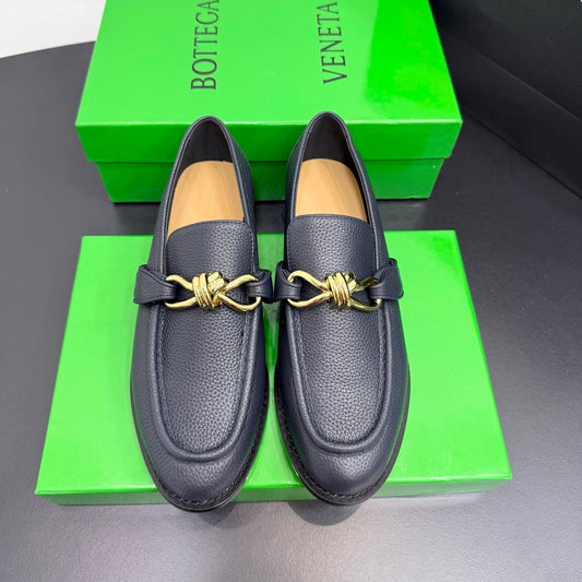 BOTTEGA VENETA 26S LOAFERS IN BLUE GRAY GRAINED CALFSKIN WITH GOLD HARDWARE