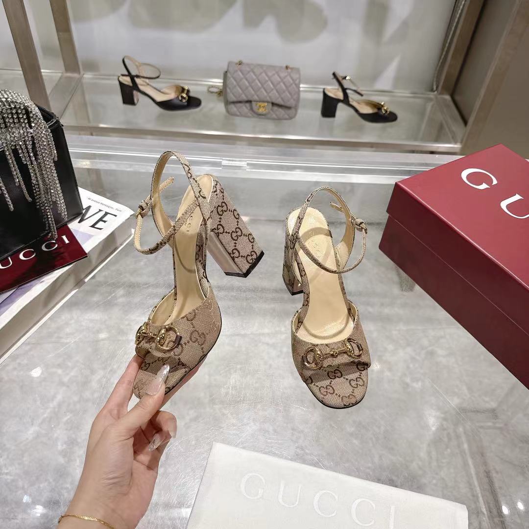 GG HEELED SANDALS 95MM IN DARK BEIGE CANVAS WITH GOLD HARDWARE