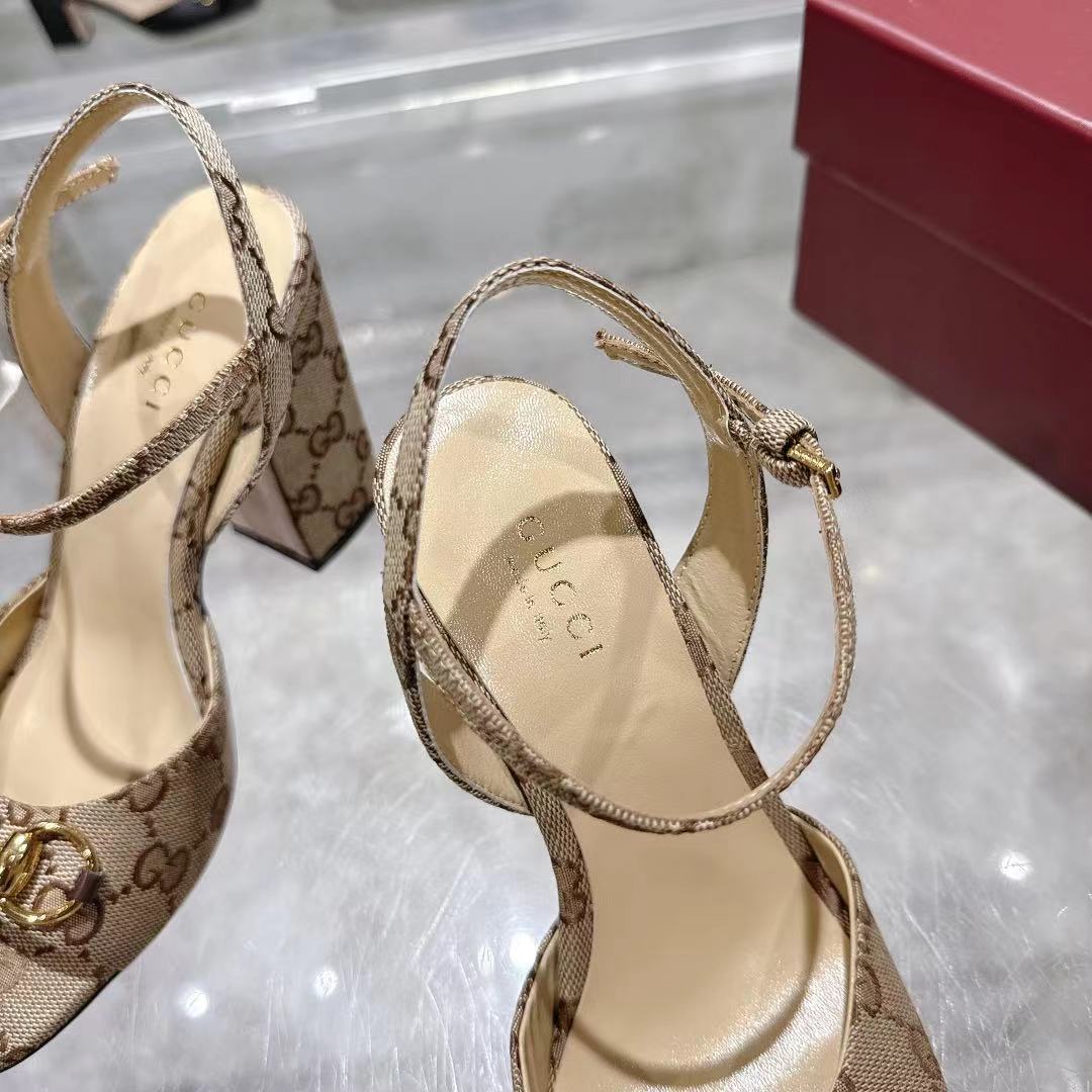 GG HEELED SANDALS 95MM IN DARK BEIGE CANVAS WITH GOLD HARDWARE