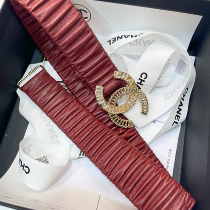 DOUBLE CC 30MM STRETCH BELT IN RED CALFSKIN GOLD CHAIN BUCKLE CRYSTAL LOGO