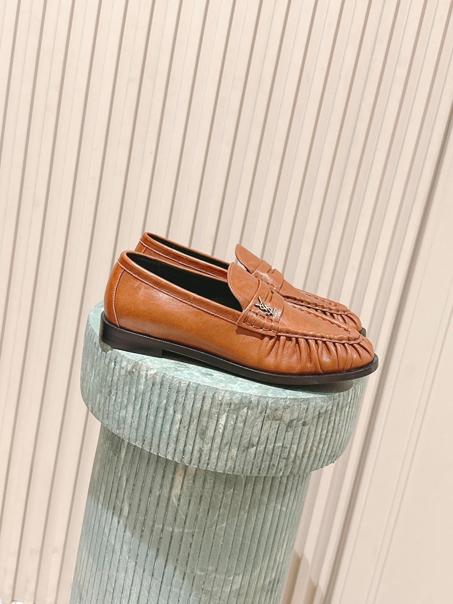 YSL 25S SAINT LAURENT LOAFERS IN BURNT ORANGE CALFSKIN WITH SMALL LOGO