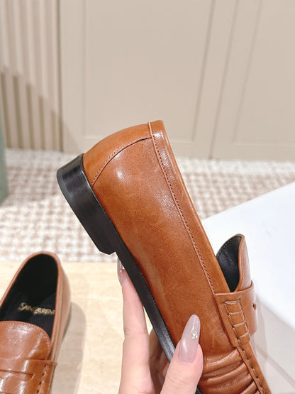 YSL 25S SAINT LAURENT LOAFERS IN BURNT ORANGE CALFSKIN WITH SMALL LOGO