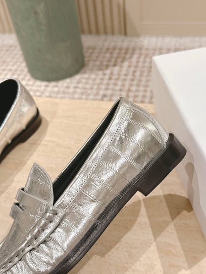 YSL 25S SAINT LAURENT LOAFERS IN SILVER CALFSKIN WITH SMALL LOGO