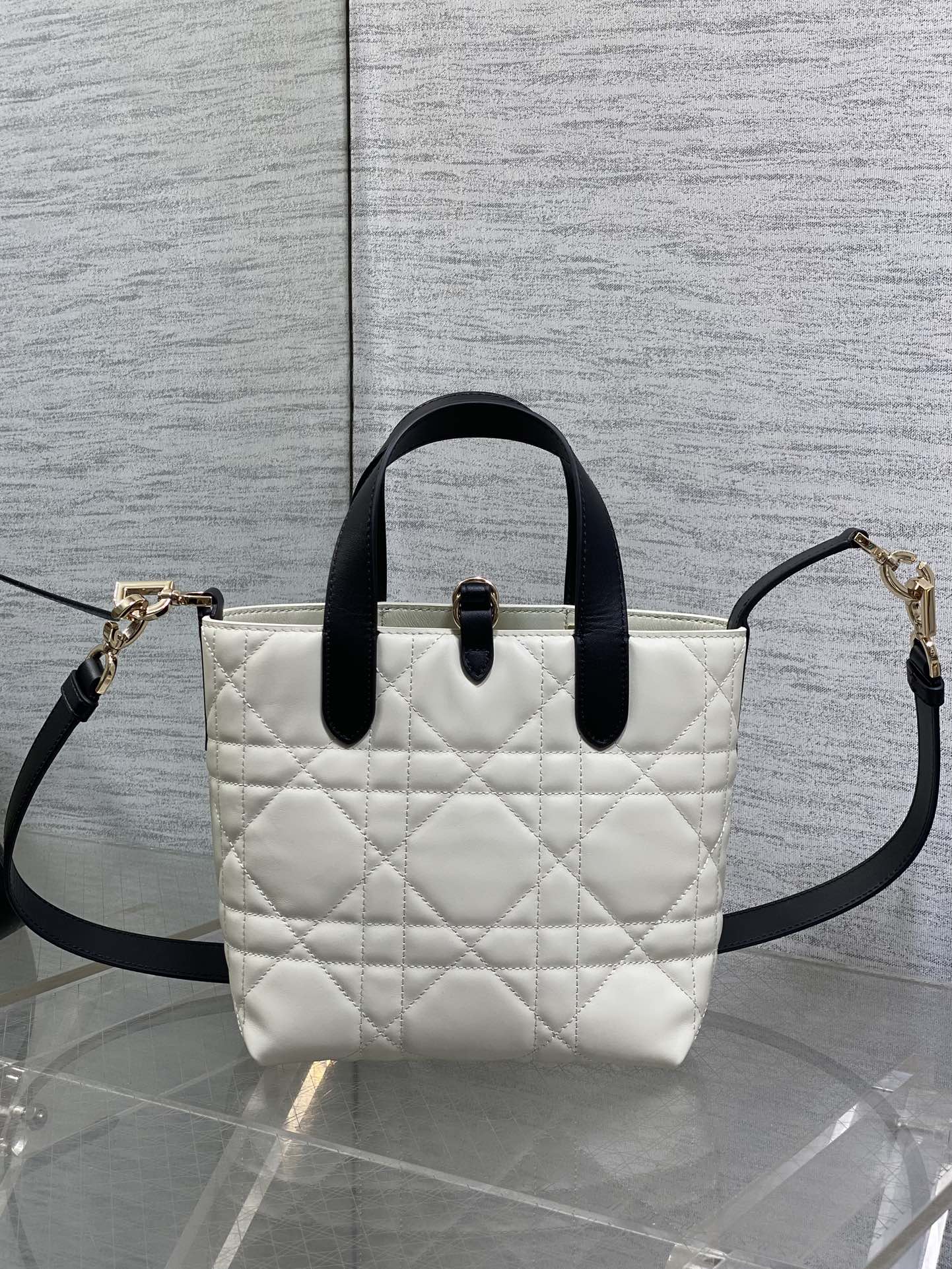 DIOR 25S TOUJOURS VERTICAL NANO TOTE BAG 18 IN IVORY BLACK MACROCANNAGE CALFSKIN
