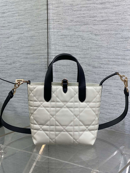 DIOR 25S TOUJOURS VERTICAL NANO TOTE BAG 18 IN IVORY BLACK MACROCANNAGE CALFSKIN