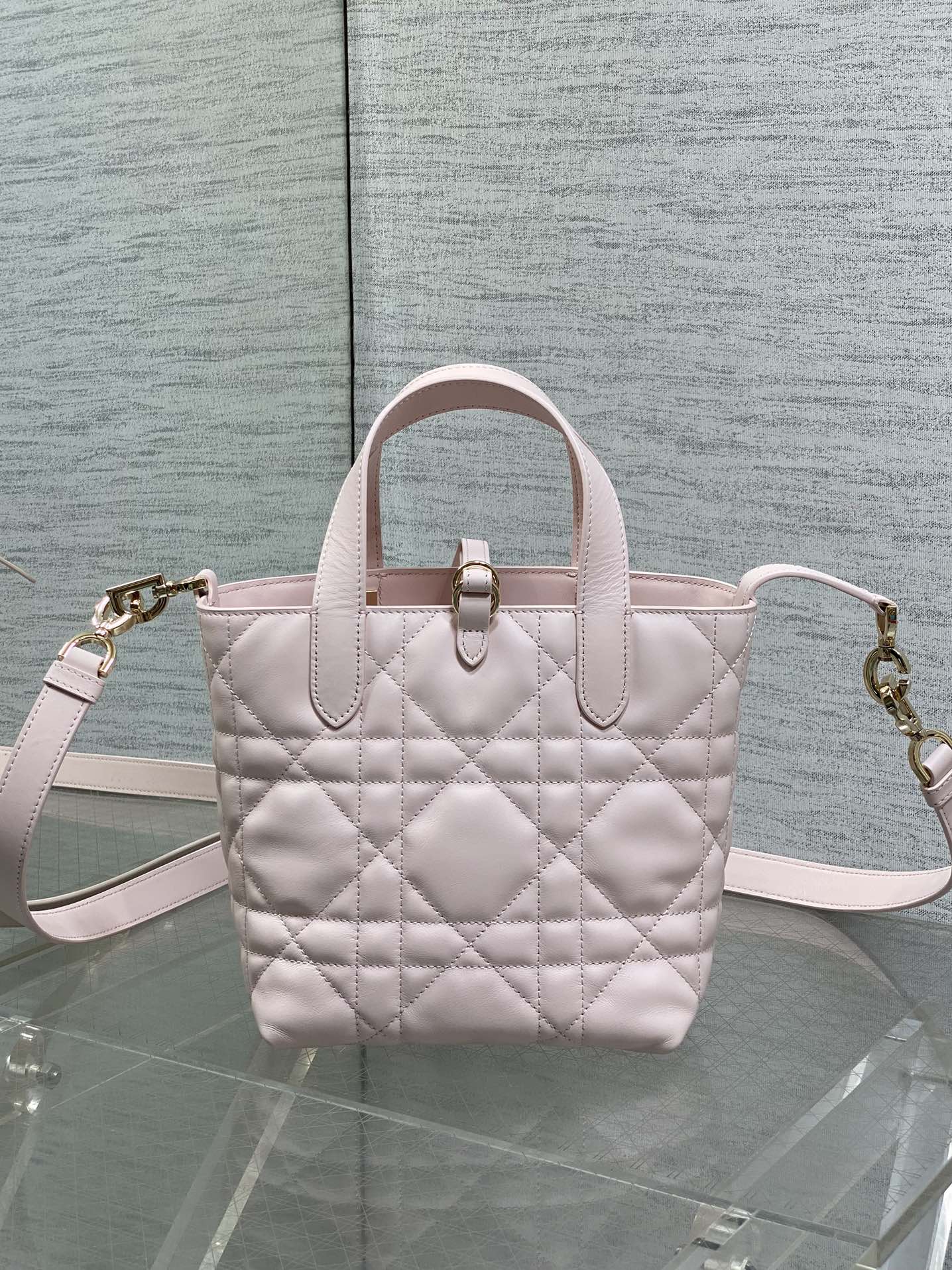 DIOR 25S TOUJOURS VERTICAL TOTE BAG 18 IN LIGHT PINK CALFSKIN WITH CHARM BRACELET STRAP