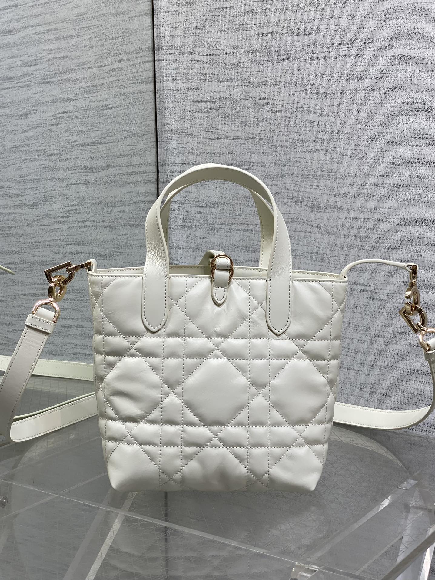 DIOR 25S TOUJOURS VERTICAL TOTE BAG 18 IN IVORY CALFSKIN WITH CHARM BRACELET STRAP