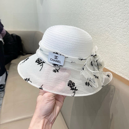 STRAW HAT WITH CHIFFON FLOWER WHITE 672758