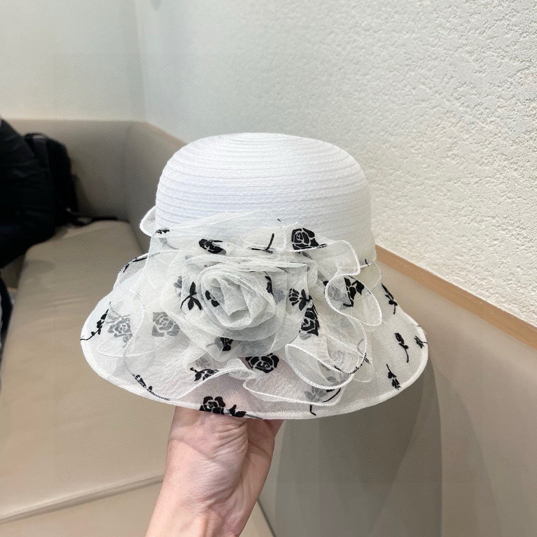 STRAW HAT WITH CHIFFON FLOWER WHITE 672758