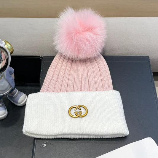 BEANIE HAT IN LIGHT PINK MIX WHITE WOOL AND FOX FUR 422503