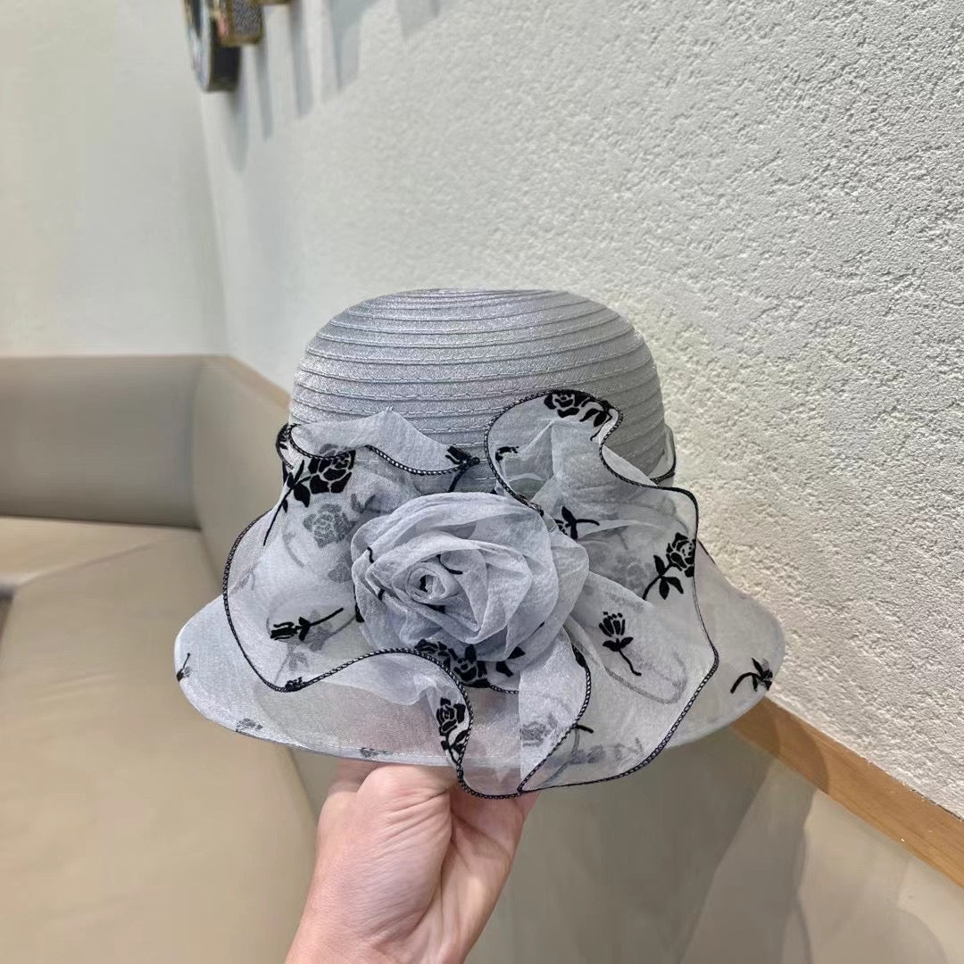 STRAW HAT WITH CHIFFON FLOWER VINTAGE GRAY 672759