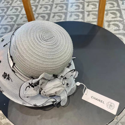 STRAW HAT WITH CHIFFON FLOWER VINTAGE GRAY 672759
