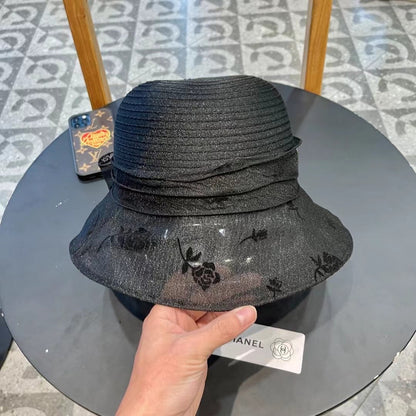 STRAW HAT WITH CHIFFON FLOWER BLACK 672760