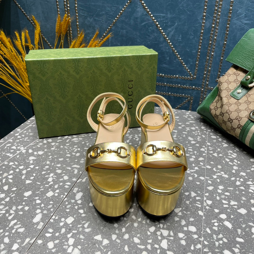 GG HORSEBIT PLATFORM SANDAL METALLIC GOLD CALFSKIN