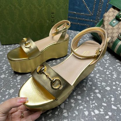GG HORSEBIT PLATFORM SANDAL METALLIC GOLD CALFSKIN