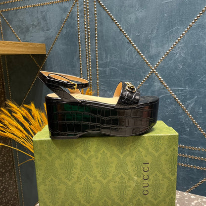 GG  HORSEBIT FLATFORM SANDAL GLOSSY BLACK CALFSKIN