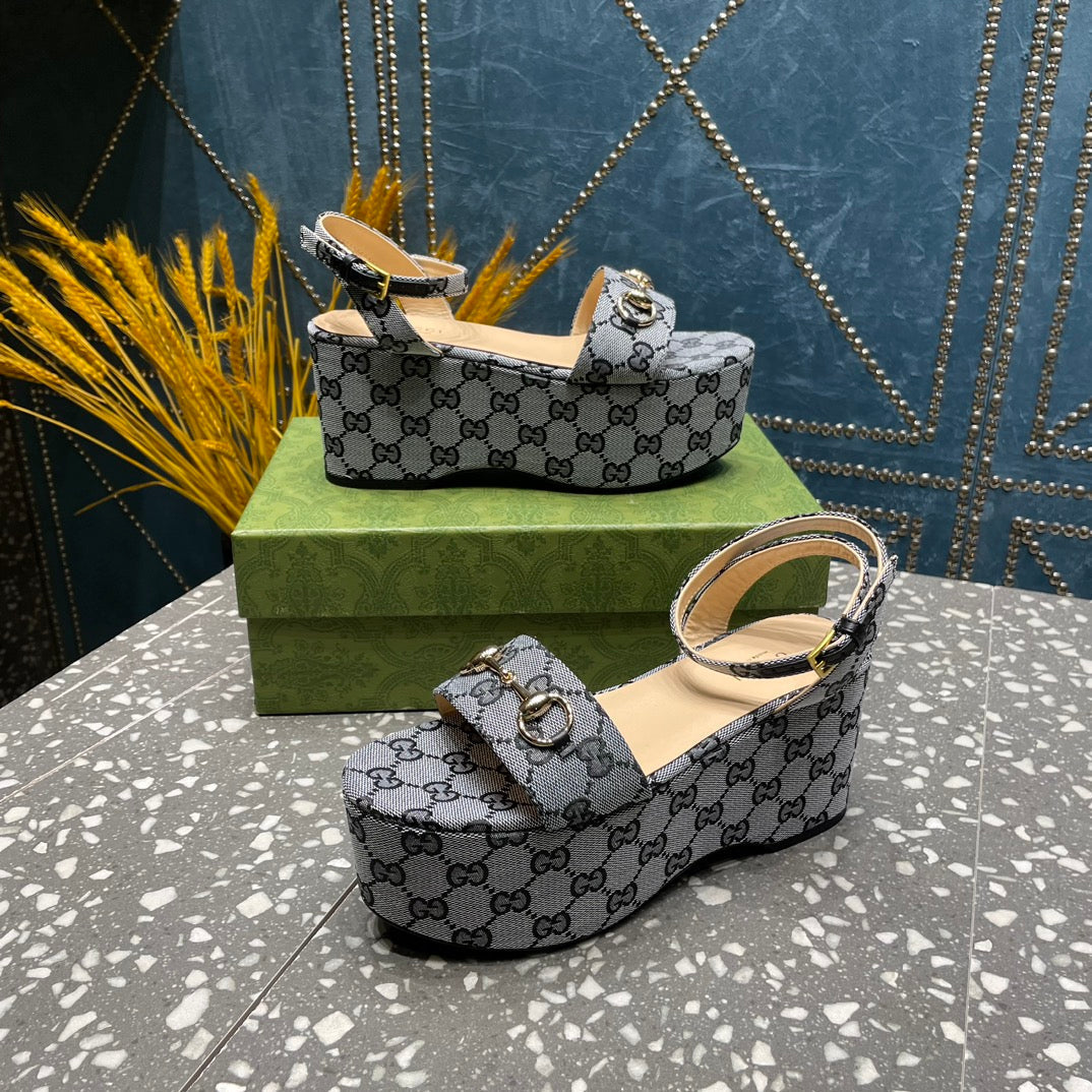 GG  HORSEBIT FLATFORM SANDAL LEAD CALFSKIN