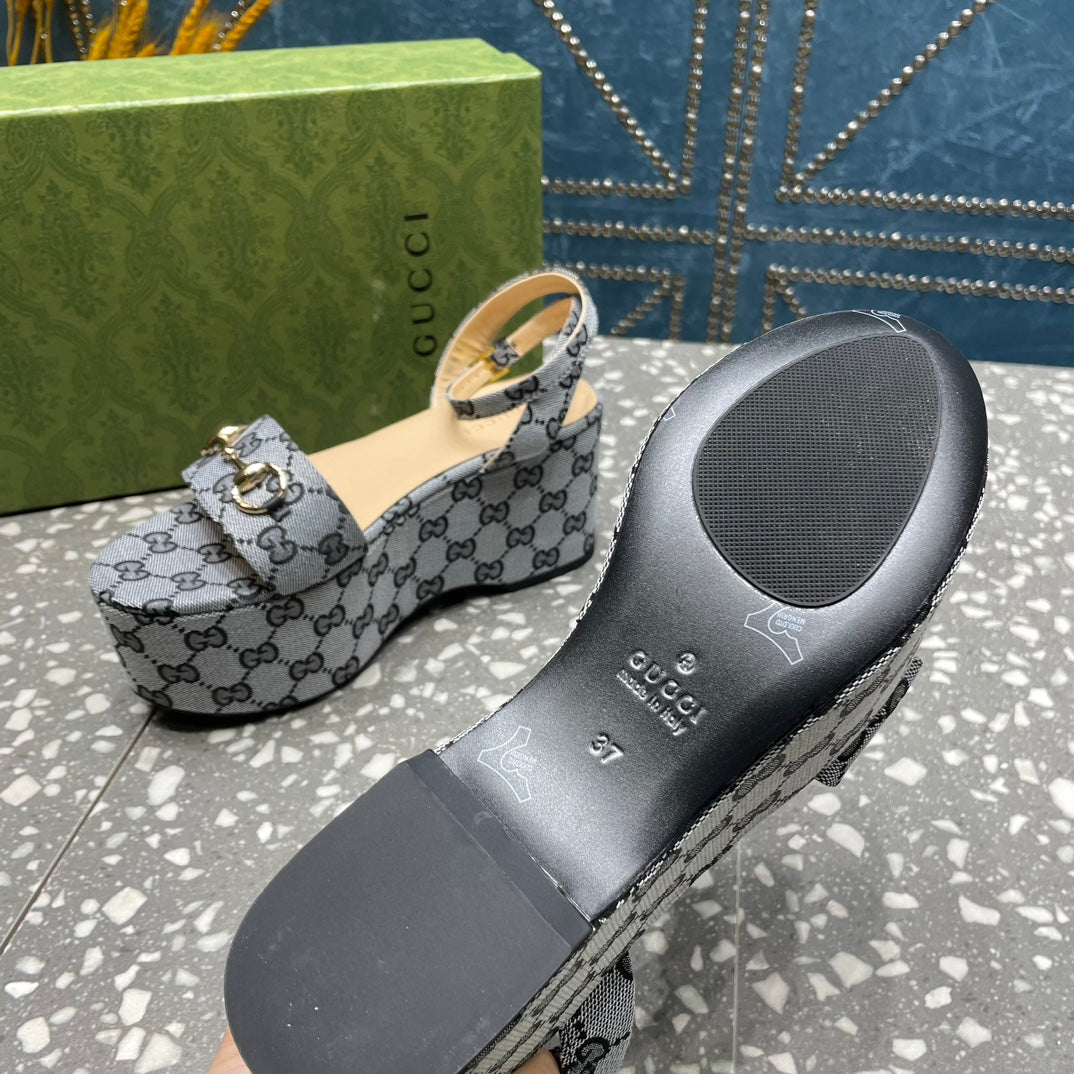 GG  HORSEBIT FLATFORM SANDAL LEAD CALFSKIN