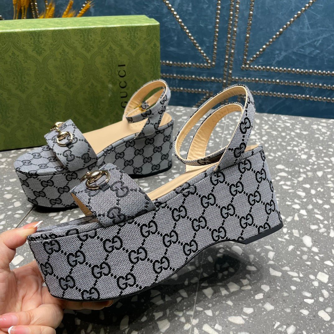 GG  HORSEBIT FLATFORM SANDAL LEAD CALFSKIN