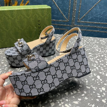 GG  HORSEBIT FLATFORM SANDAL LEAD CALFSKIN