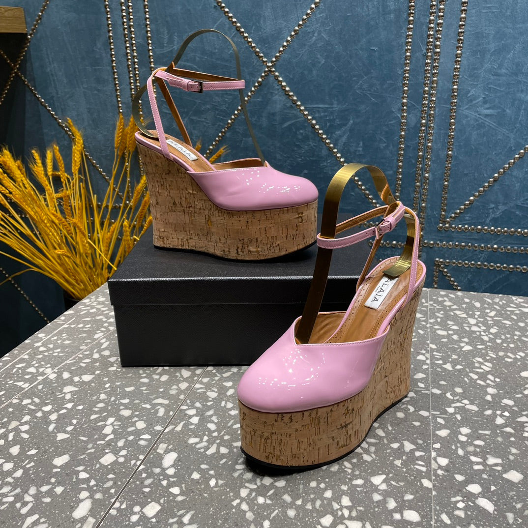 ALAIA WEDGE PUMP 15 CM IN NEON PINK LAMBSKIN AND BEIGE RUBBER