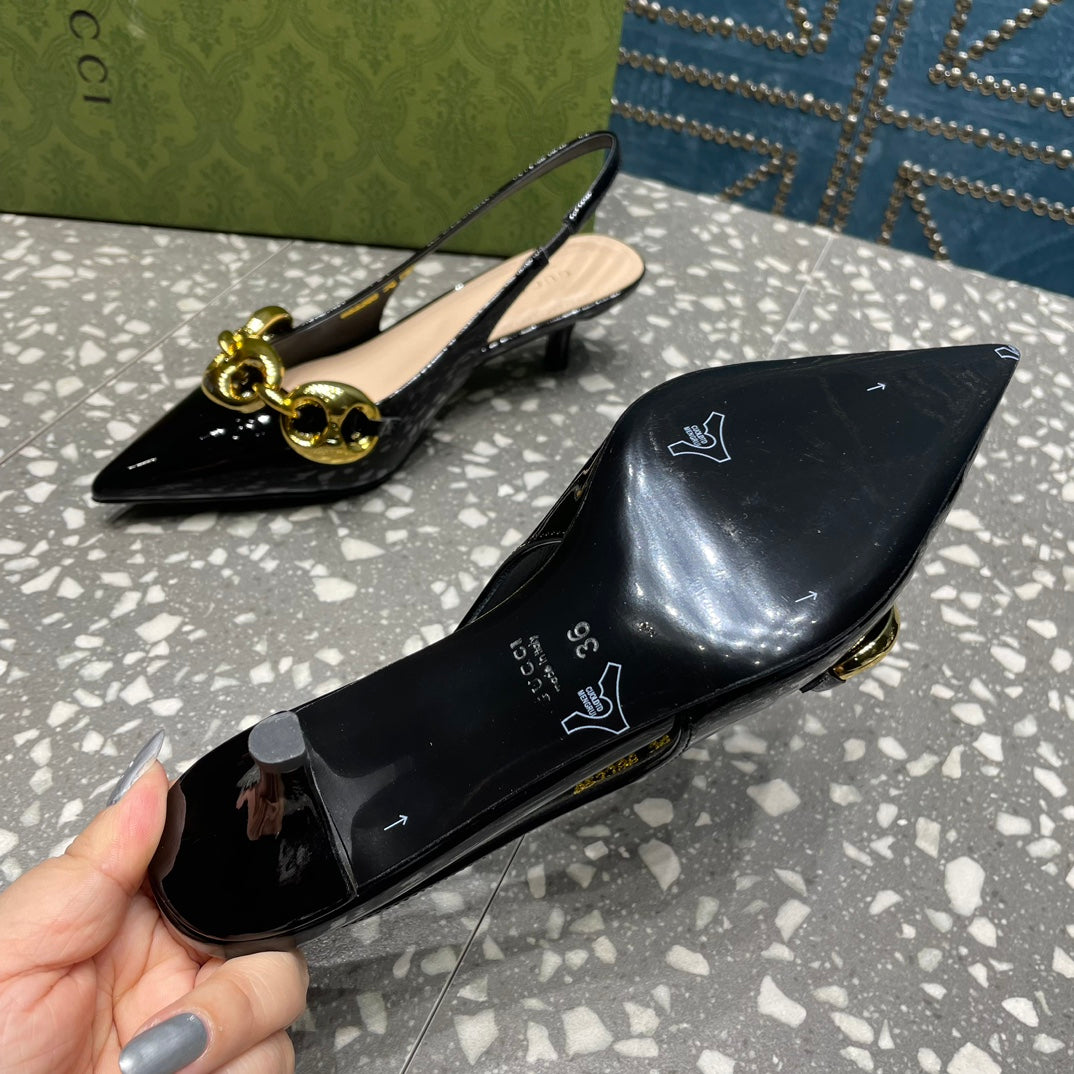 WOMEN'S SLINGBACK 45MM IN BLACK CALFSKIN WITH GOLD HARDWARE