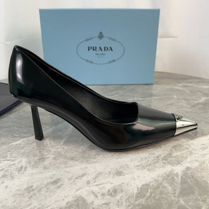 PRADA 25S METAL-CAPPED POINTED-TOE HIGH HEELS IN BLACK CALFSKIN