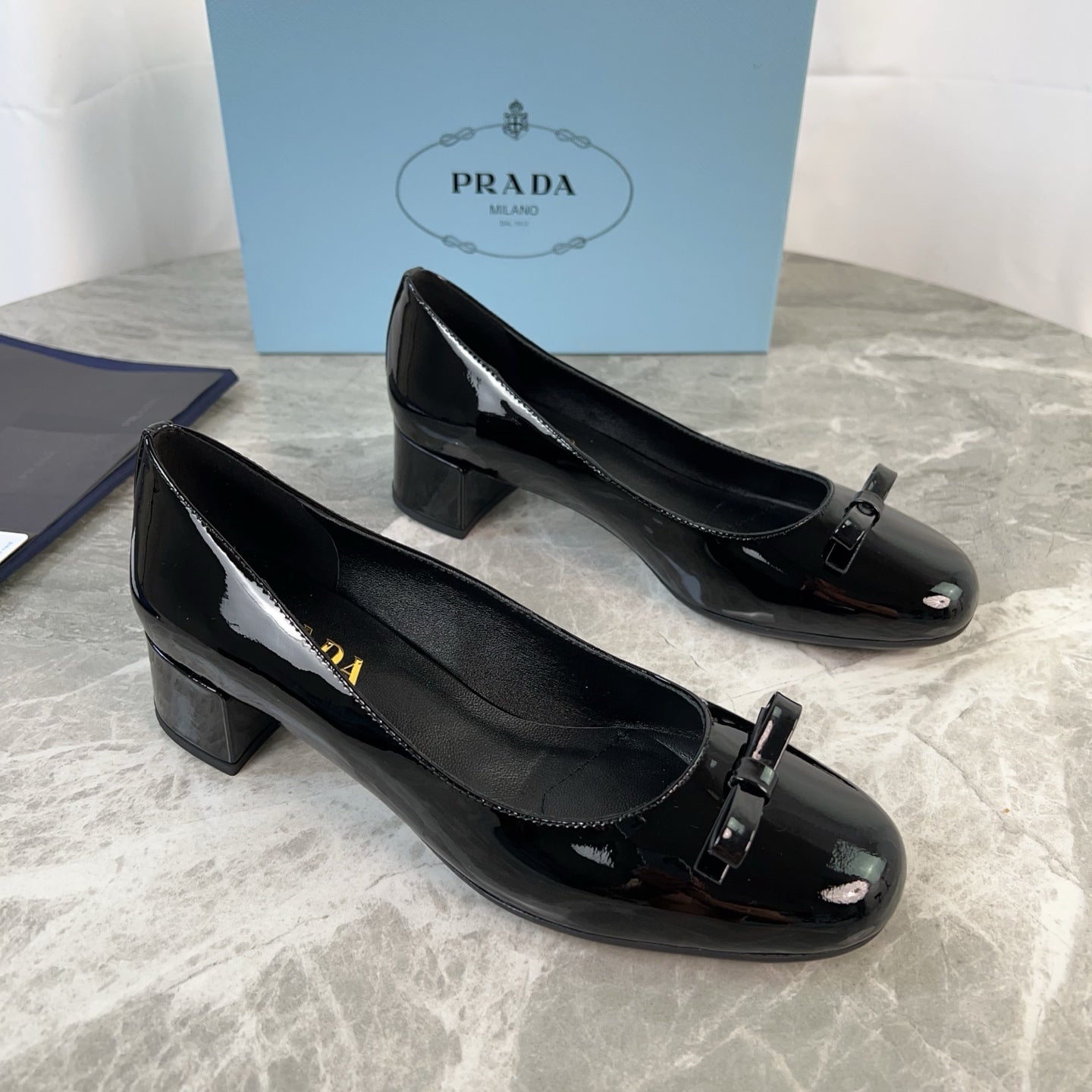 PRADA 25S LOW HEELS SLIP ON BOW 45MM IN BLACK GLOSSY CALFSKIN
