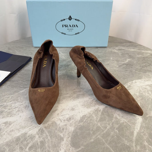 PRADA 25S HIGH HEELS 75 MM IN DARK BROWN SUEDE