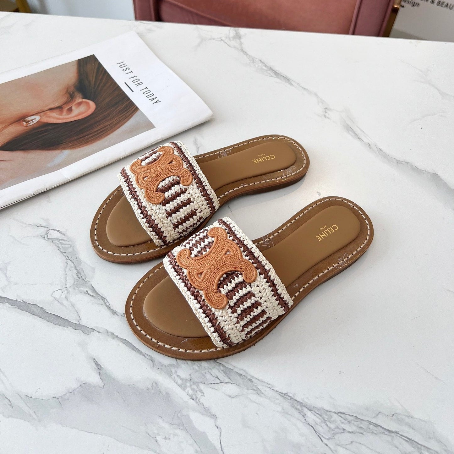 LYMPIA MULE WHITE MIX BROWN RAFFIA PERU BROWN LOGO