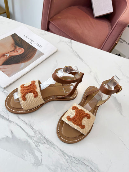 TRIOMPHE SANDALS BEIGE RAFFIA BROWN WOOL