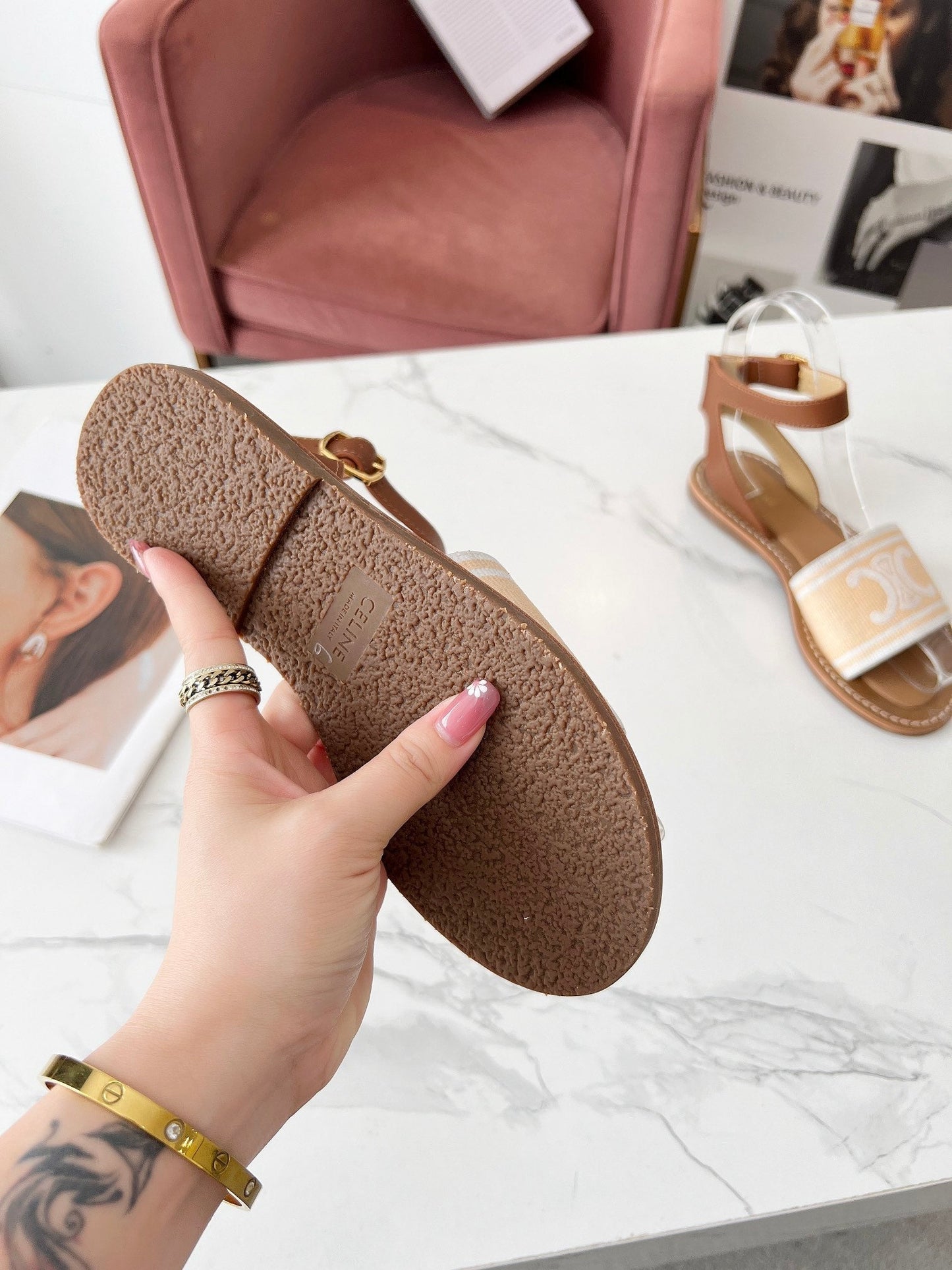 LYMPIA SANDAL IN BISQUE BEIGE MIX WHITE TRIOMPHE JACQUARD CANVAS & CALFSKIN